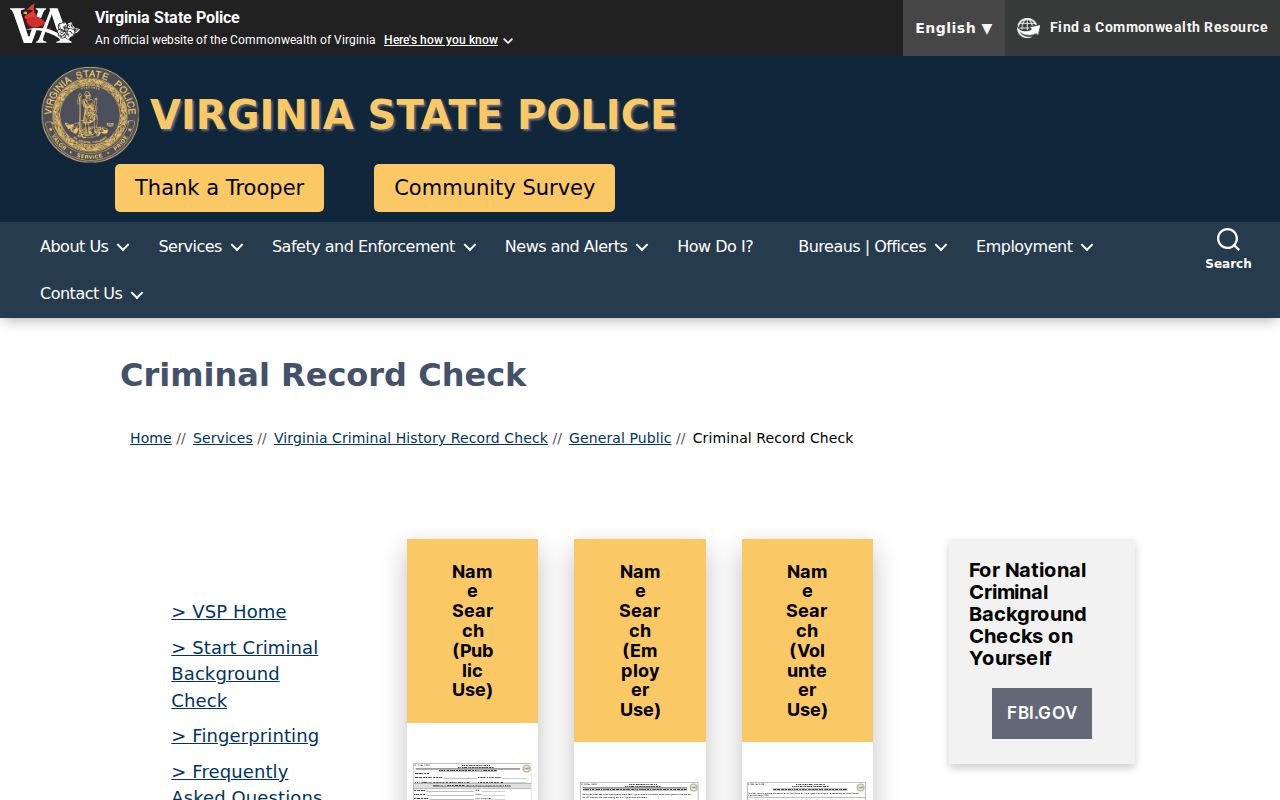 Virginia State Police criminal record check product selector