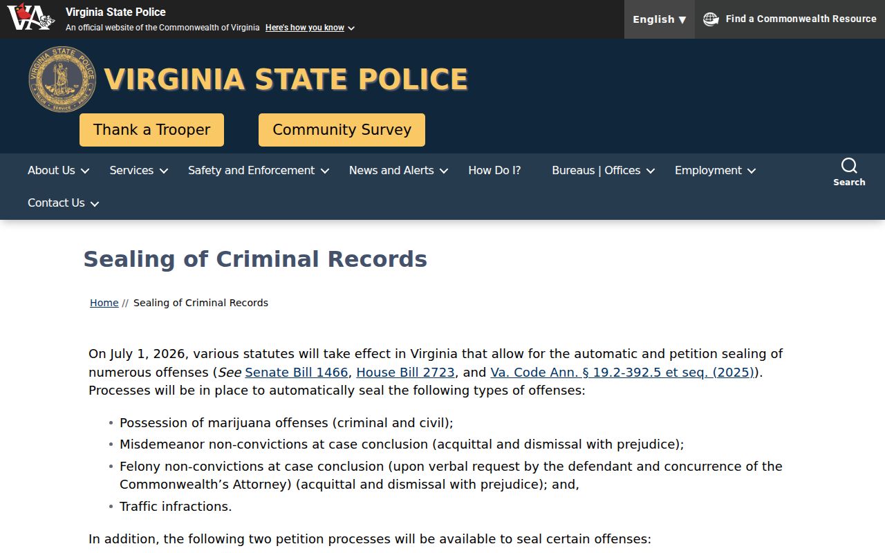 Virginia State Police petition-based record sealing guidance
