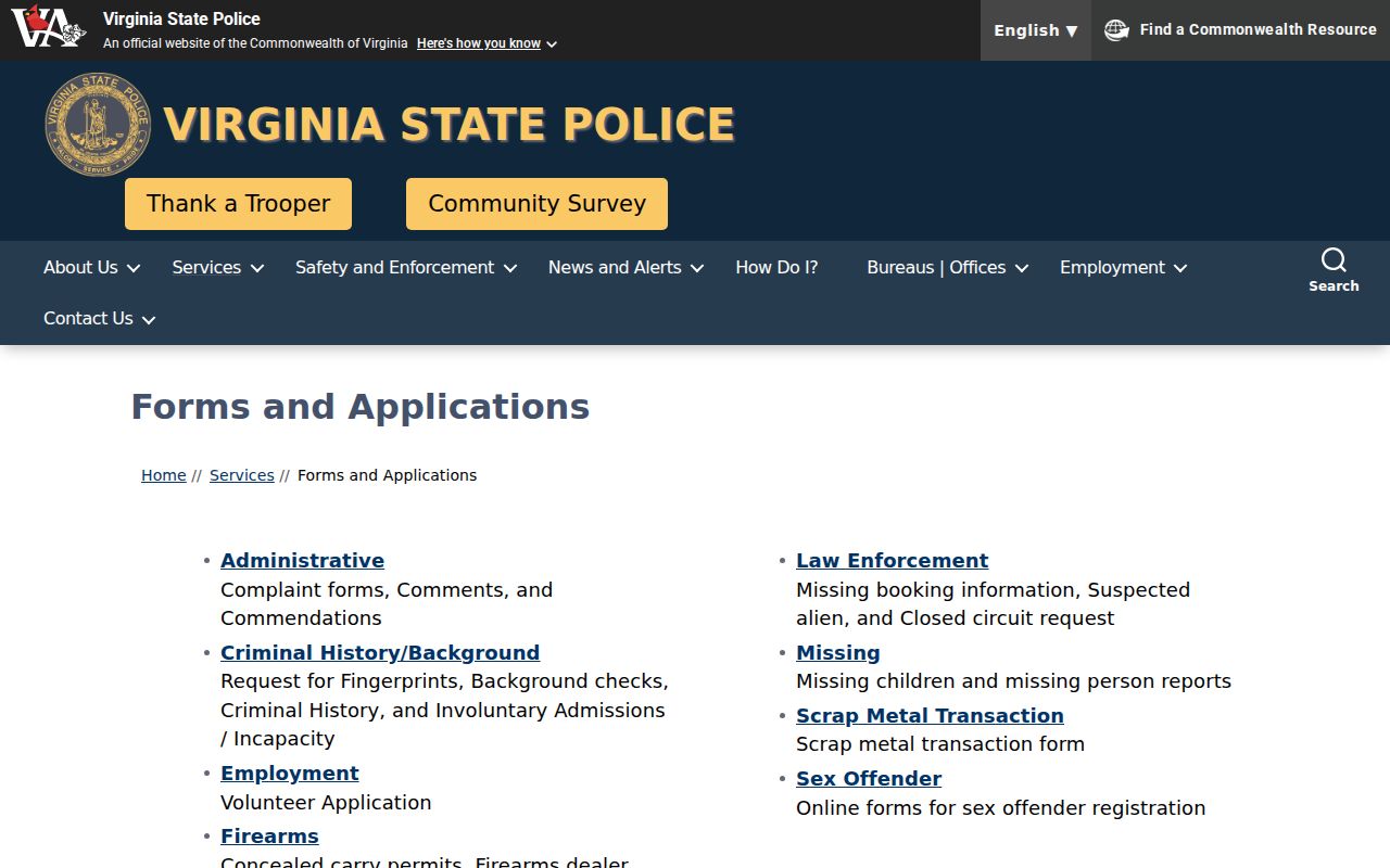Powhatan County sex offender registry and Virginia State Police forms